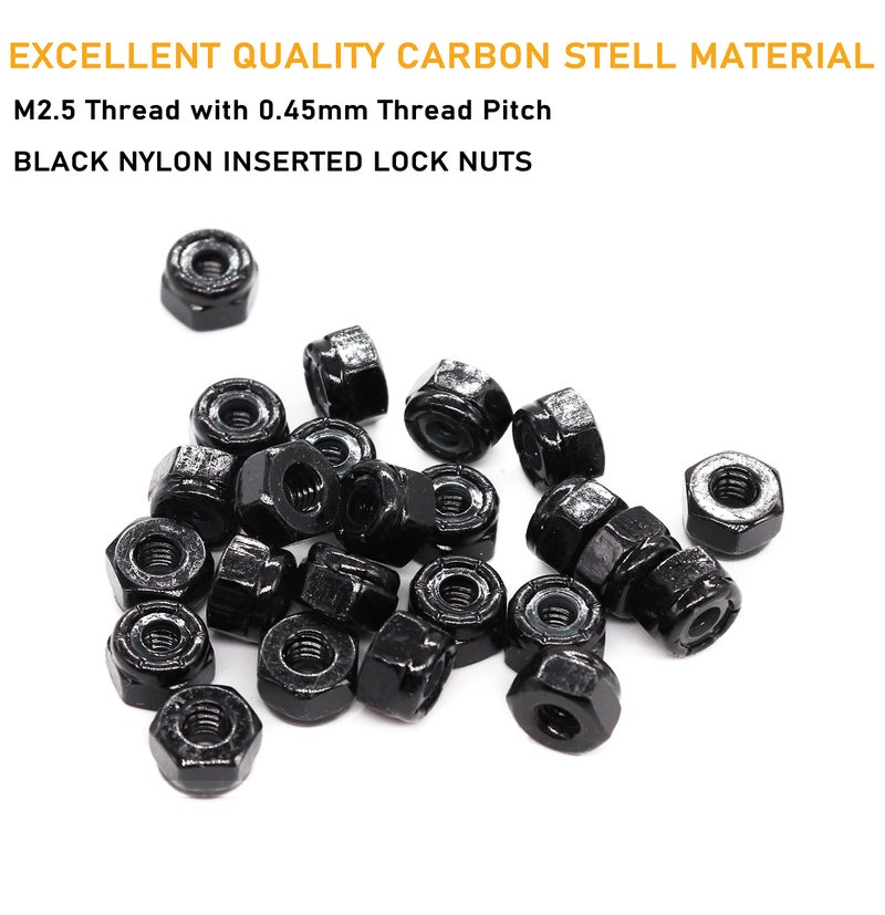binifiMux 100Pcs M2.5 x 0.45mm Nylon Inserted Hex Self Lock Nuts, Black Zinc Plated, DIN985 - Image 2